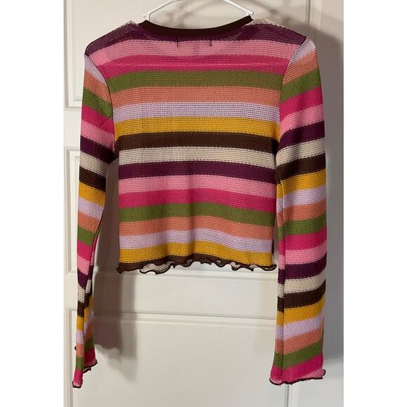 Almost Famous Multicolor Pink Striped Long Sleeve Cropped Bell Sleeve Top M - Picture 2 of 6